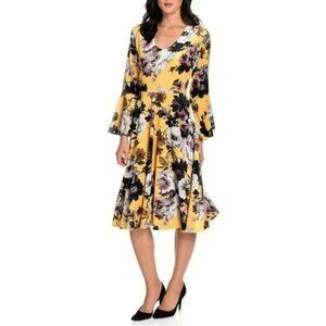 Marc Bouwer Yellow Velvet Floral Bell Sleeve Fit & Flare Dress Sz 1X Rockabilly